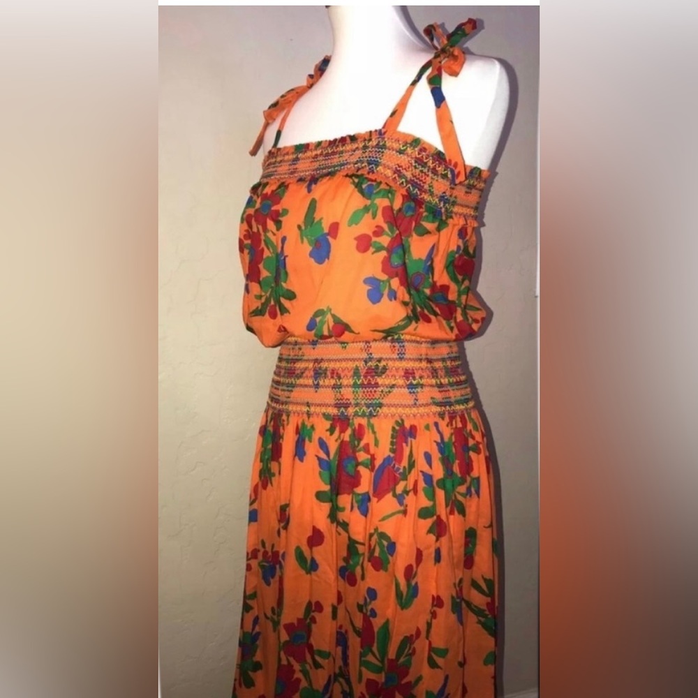 🎉HP🎉New! Tory Burch Orange Multi Toucan Tropical Smocked Dress Size L $448🌿🧡 - Picture 13 of 16